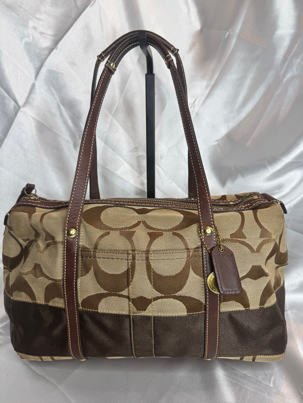 Coach Tan and Brown Signature Jacquard Satchel Purse with Gold-tone Hardware